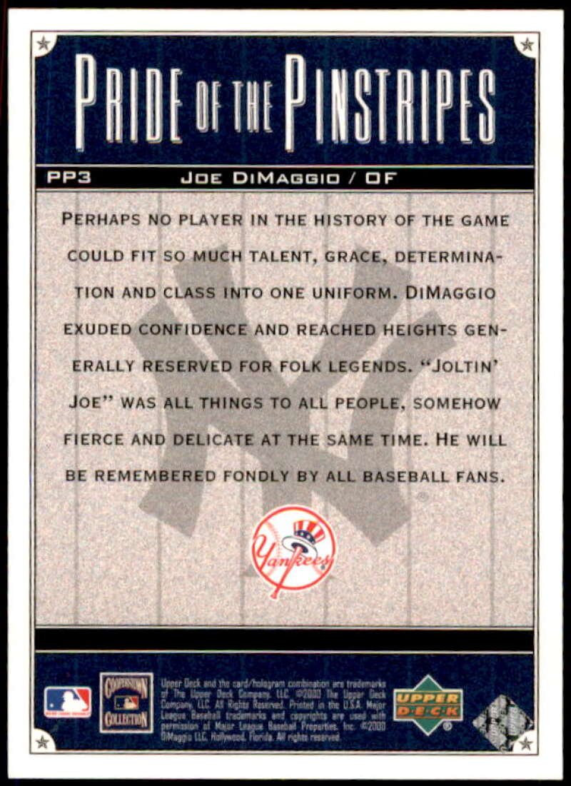 Joe DiMaggio Card 2000 Upper Deck Yankees Legends Pride of the Pinstripes #PP3  Image 2