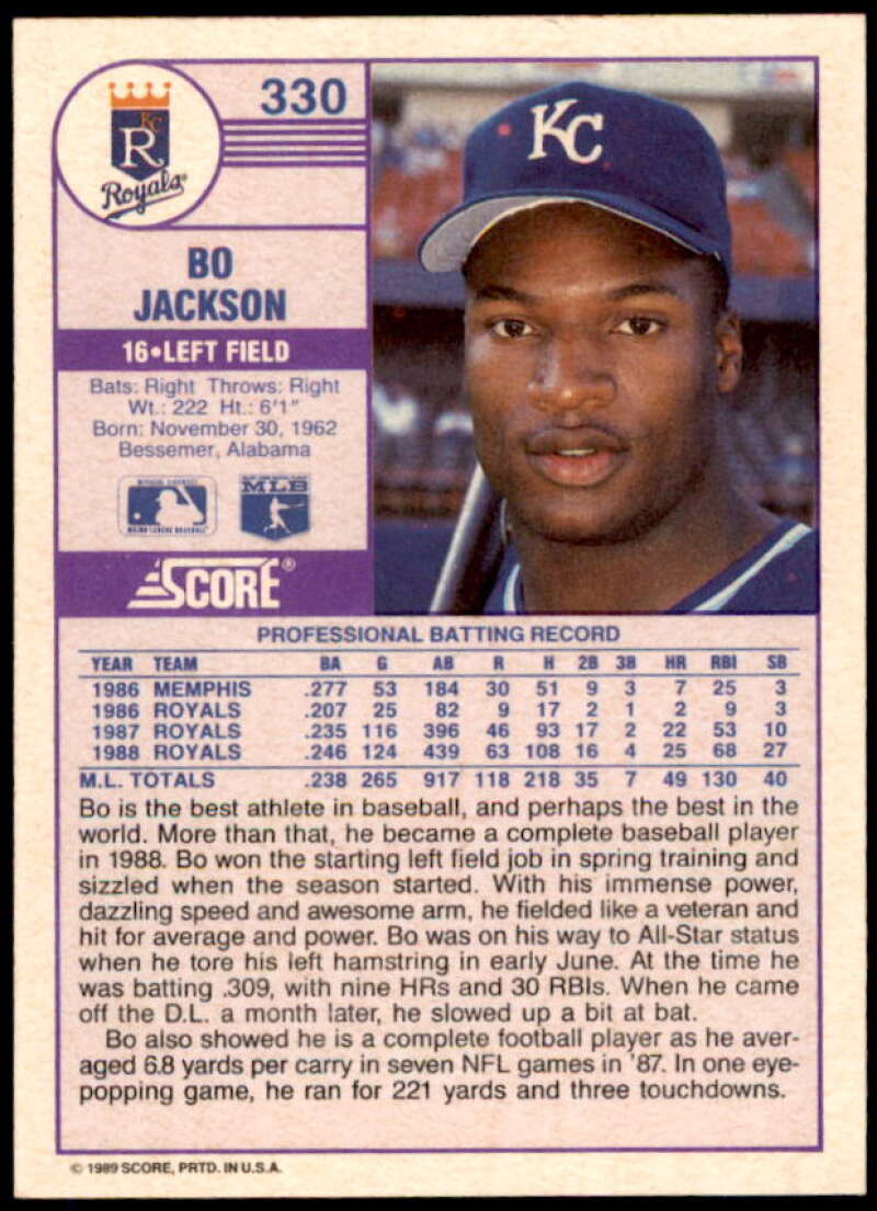 Bo Jackson Card 1989 Score #330  Image 2