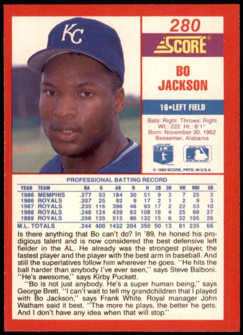 Bo Jackson ERR/Watham Card 1990 Score #280A  Image 2