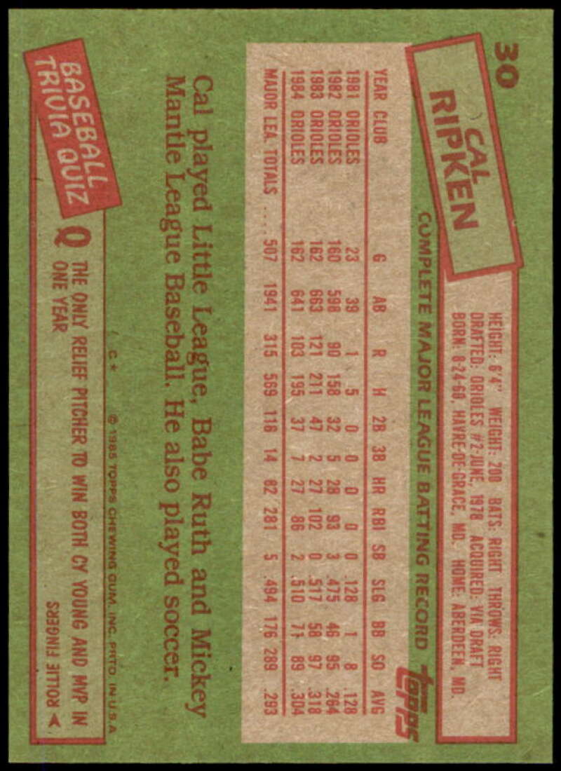 Cal Ripken Card 1985 Topps #30  Image 2
