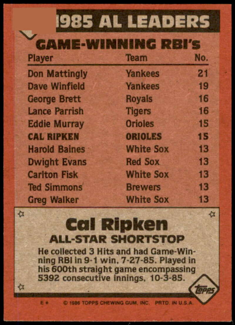 Cal Ripken AS Card 1986 Topps #715  Image 2