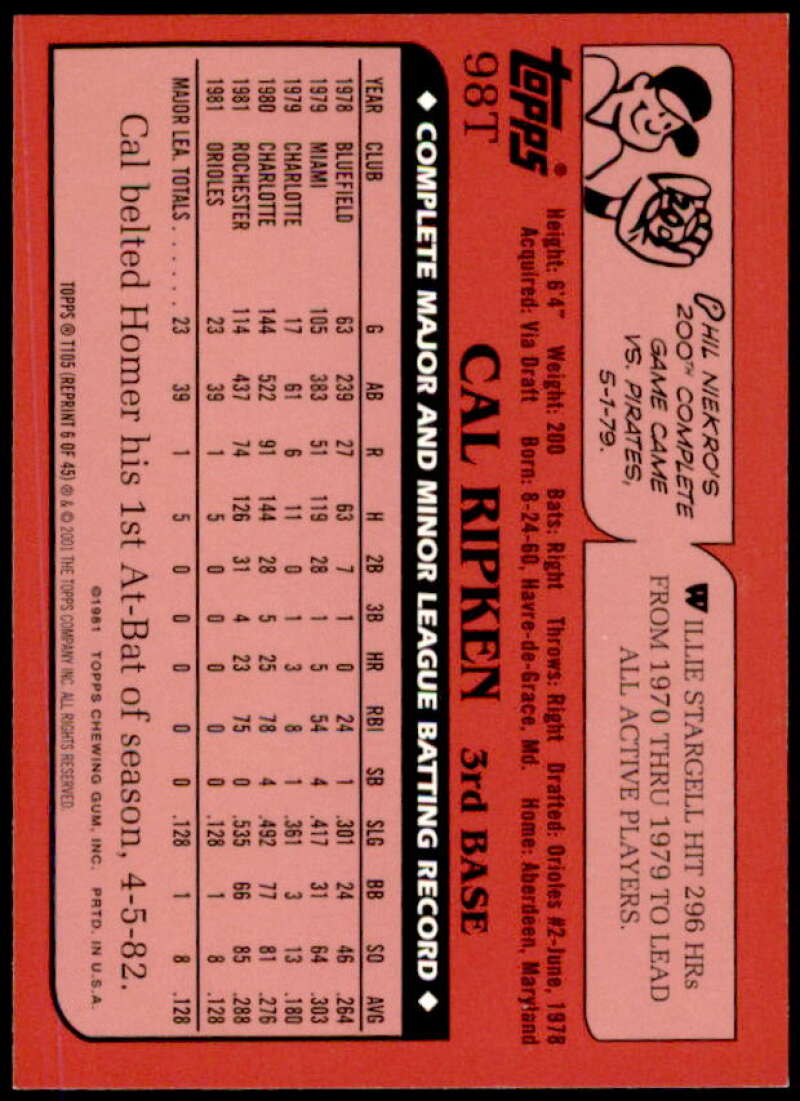 Cal Ripken 82 Card 2001 Topps Traded #T105  Image 2