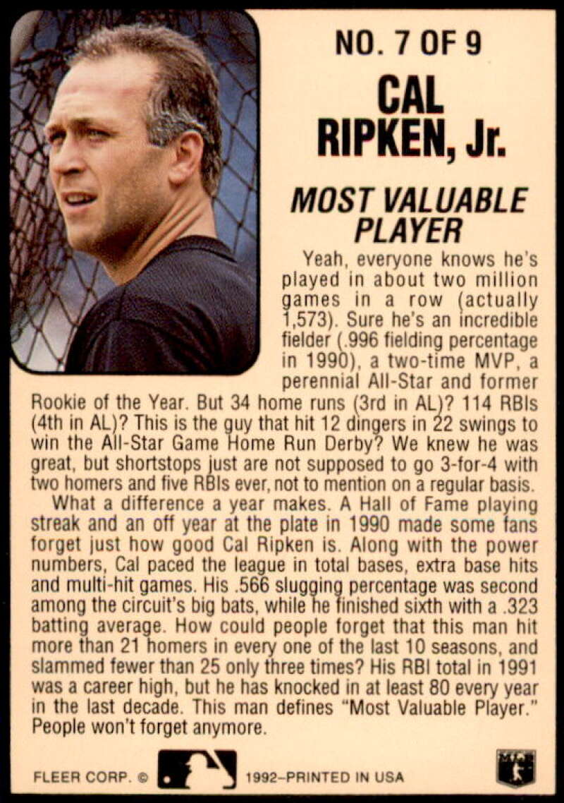 Cal Ripken Card 1992 Fleer Lumber Company #L7  Image 2