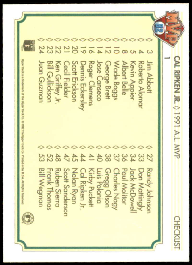 Cal Ripken MVP/AL Checklist Card 1992 Upper Deck Team MVP Holograms #1  Image 2