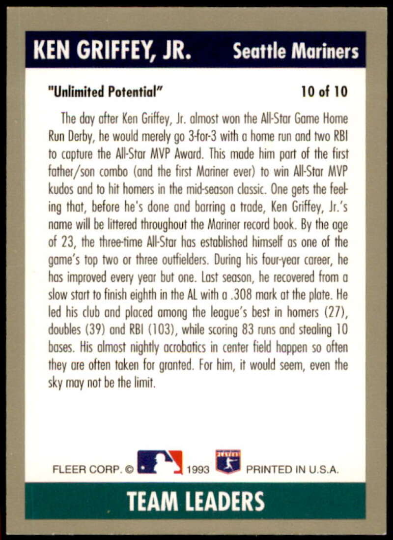 Ken Griffey Jr. Card 1993 Fleer Team Leaders #AL10  Image 2
