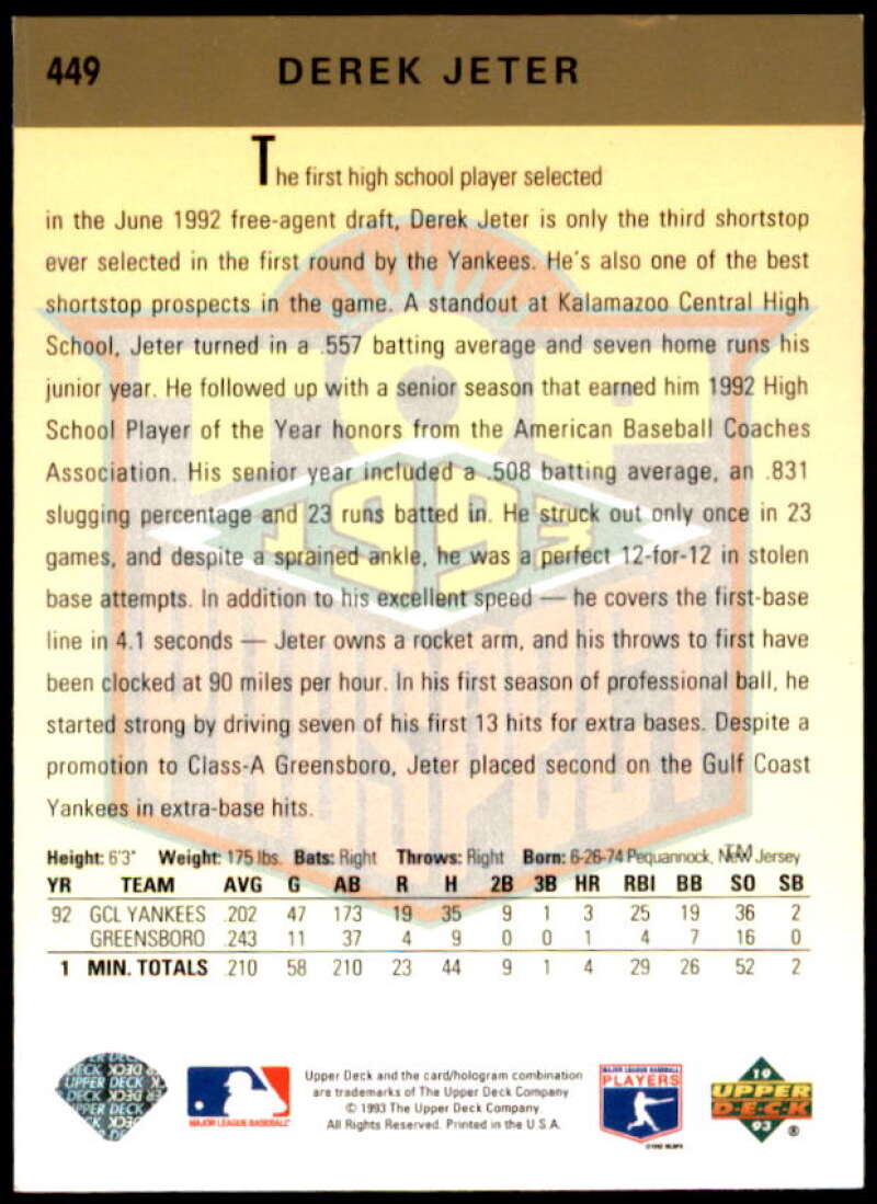 Derek Jeter Rookie Card 1993 Upper Deck #449  Image 2