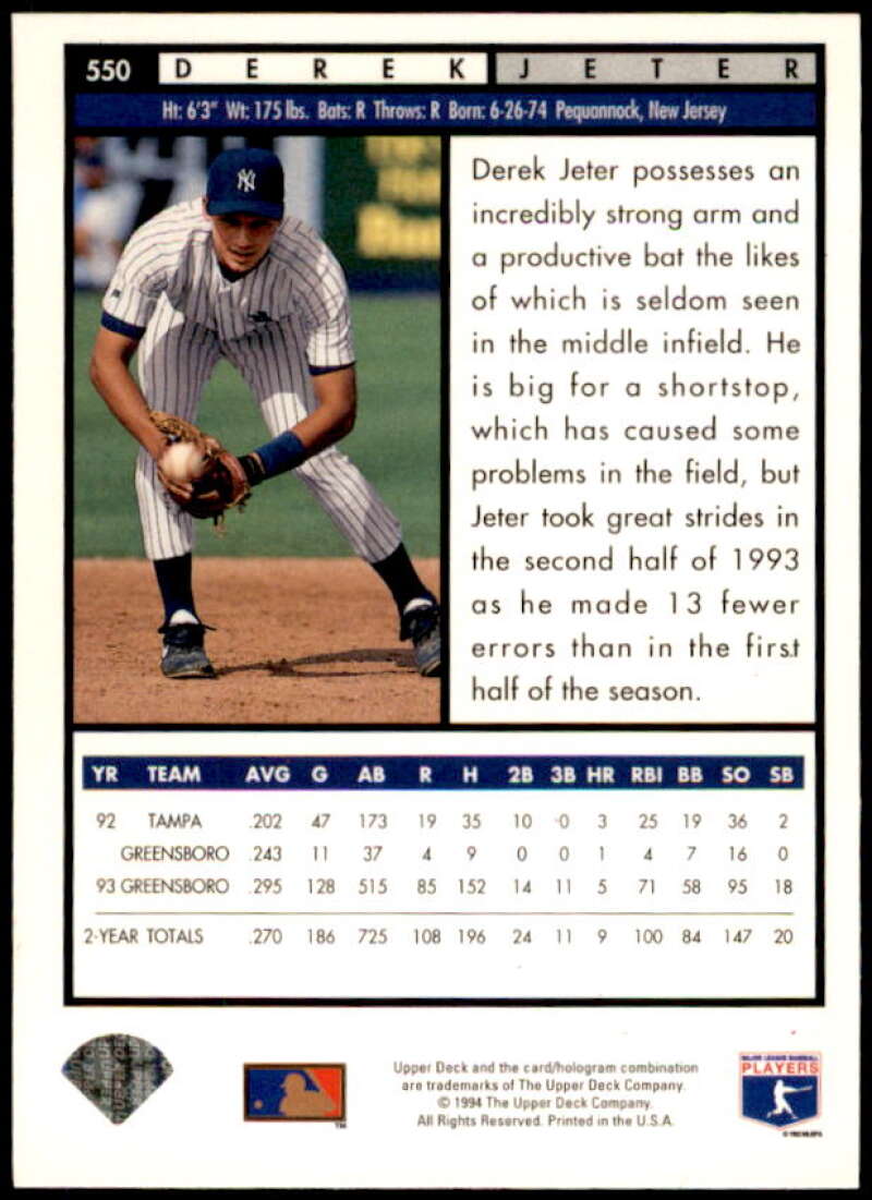 Derek Jeter Card 1994 Upper Deck #550  Image 2