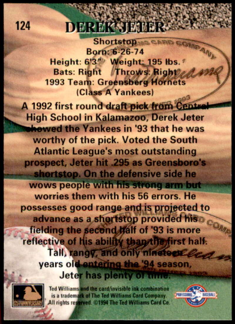 Derek Jeter Card 1994 Ted Williams #124  Image 2