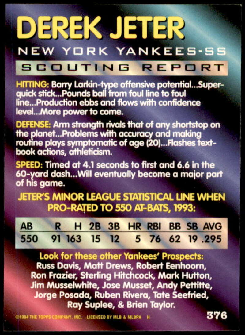 Derek Jeter FOIL Card 1994 Bowman #376  Image 2