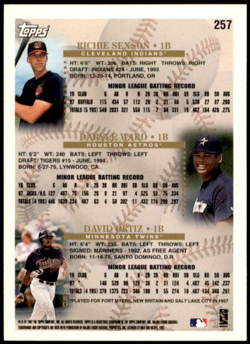 D.Ortiz/Sexson/Ward Card 1998 Topps #257  Image 2