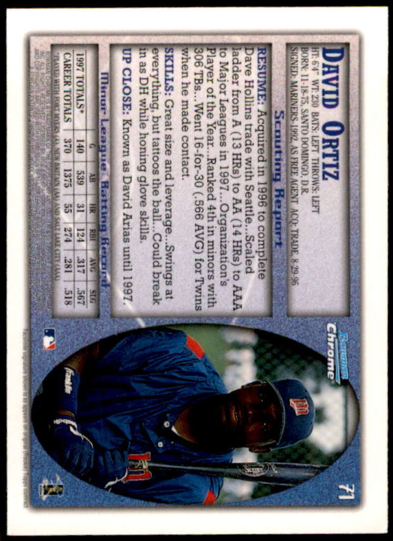 David Ortiz Rookie Card 1998 Bowman Chrome #71  Image 2