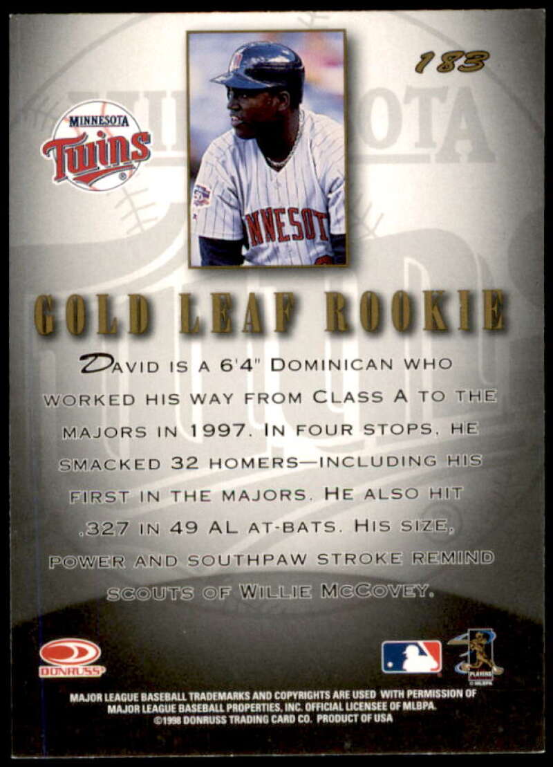 David Ortiz GLR Rookie Card 1998 Leaf #183  Image 2