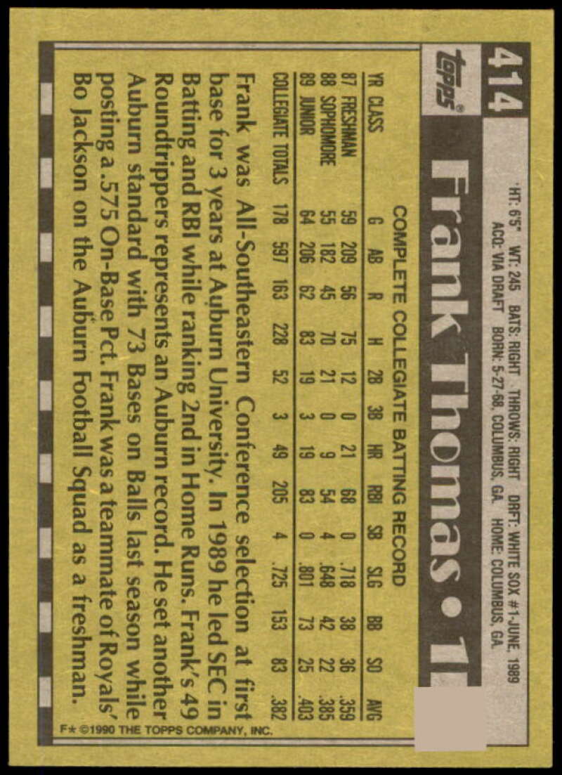 Frank Thomas Rookie Card 1990 Topps #414B  Image 2