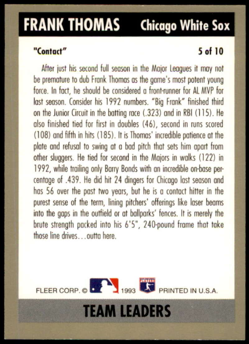 Frank Thomas Card 1993 Fleer Team Leaders #AL5  Image 2