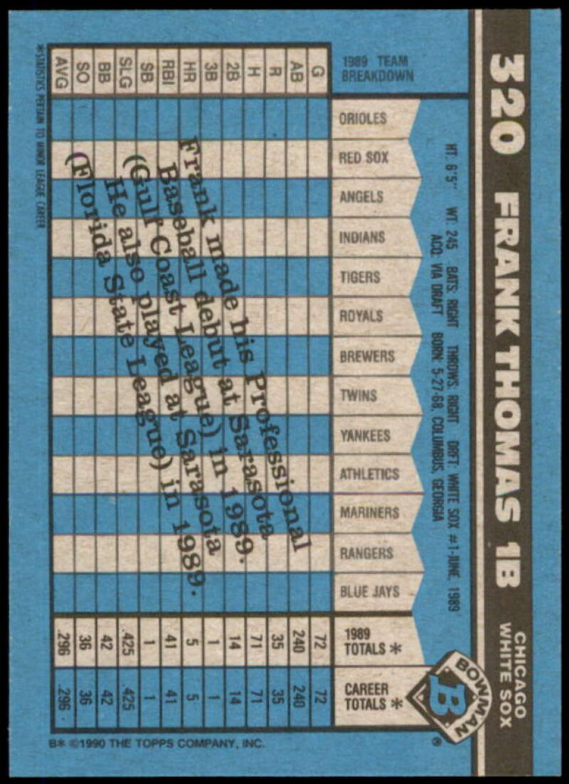 Frank Thomas Rookie Card 1990 Bowman #320  Image 2