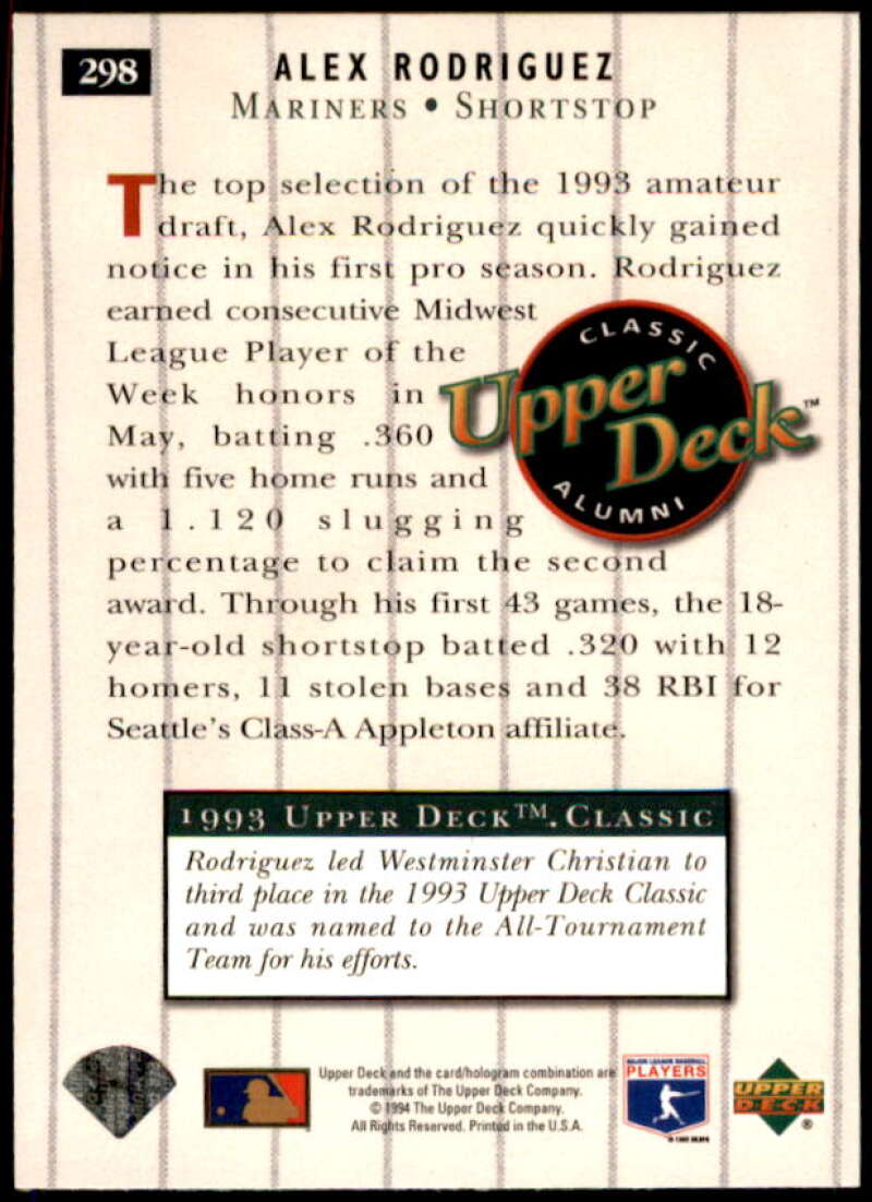 Alex Rodriguez UDCA Rookie Card 1994 Upper Deck Electric Diamond #298  Image 2