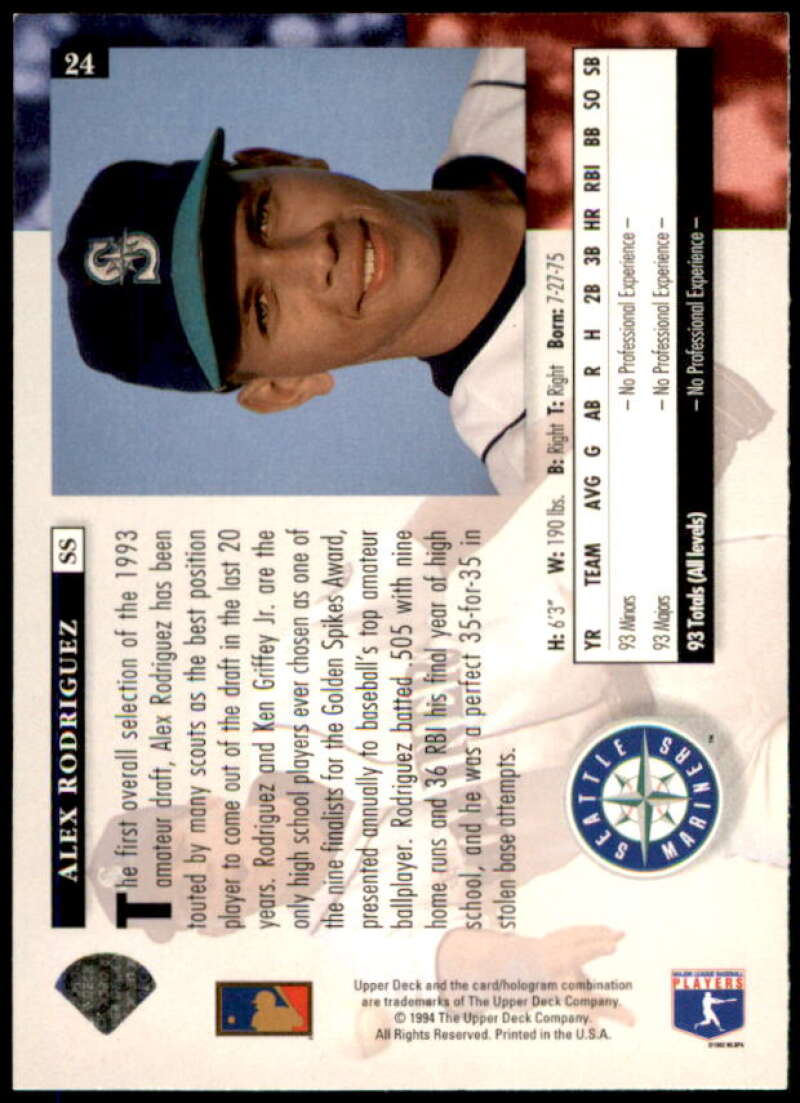 Alex Rodriguez Rookie Card 1994 Upper Deck #24  Image 2