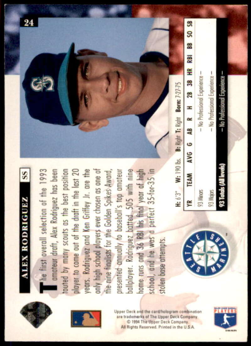 Alex Rodriguez Rookie Card 1994 Upper Deck Electric Diamond #24  Image 2