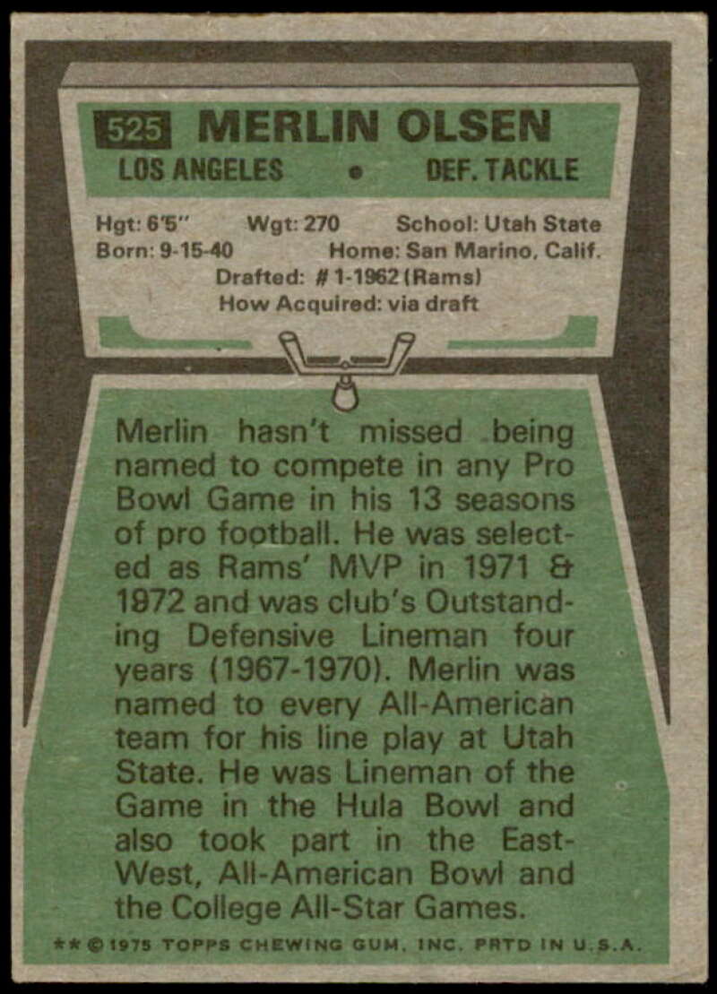 Merlin Olsen Card 1975 Topps #525  Image 2