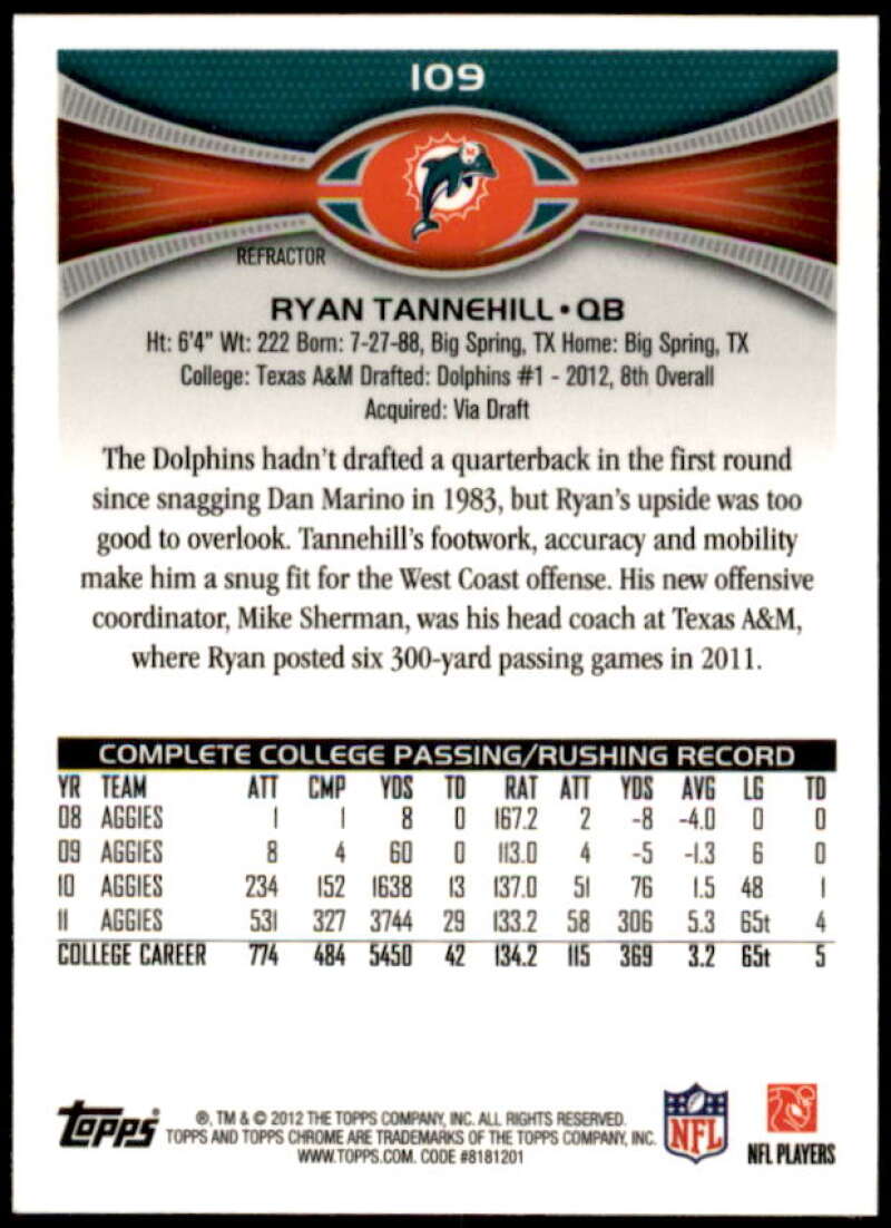 Ryan Tannehill Rookie Card 2012 Topps Chrome Refractors #109  Image 2