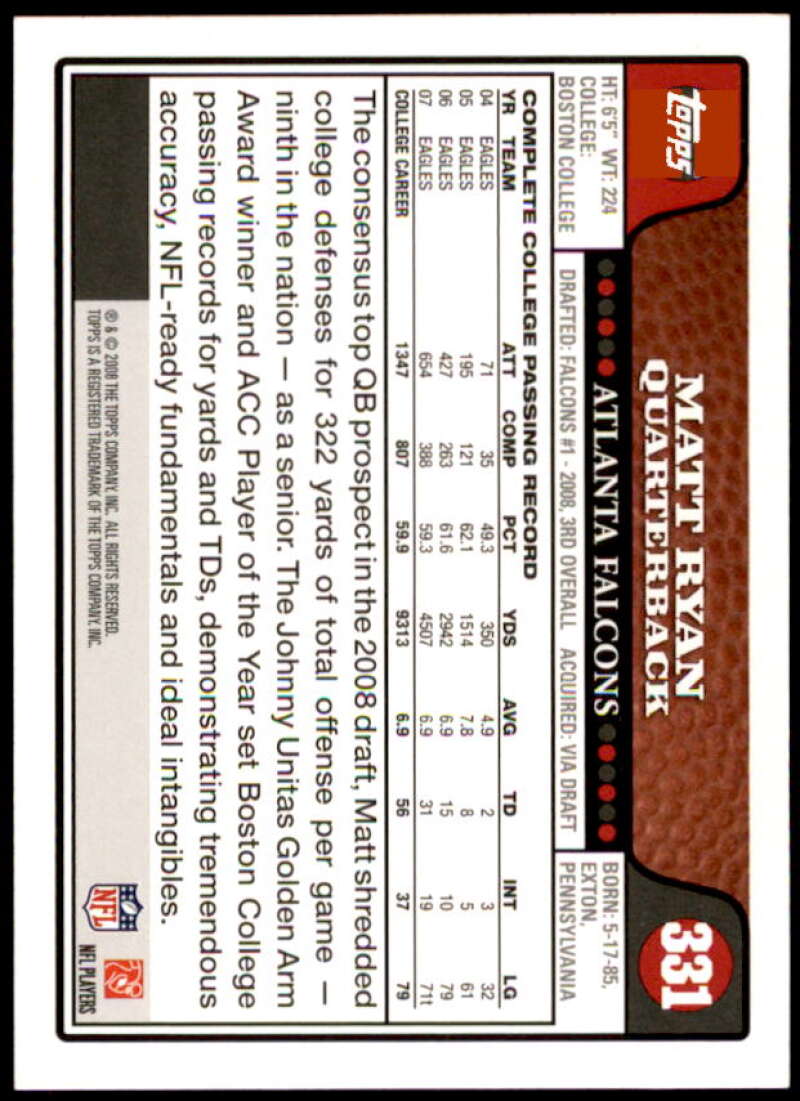 Matt Ryan Rookie Card 2008 Topps #331  Image 2