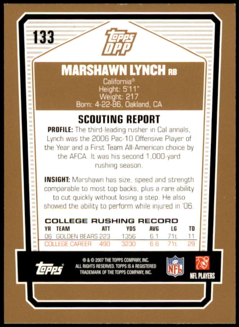 Marshawn Lynch Rookie Card 2007 Topps Draft Picks and Prospects #133  Image 2