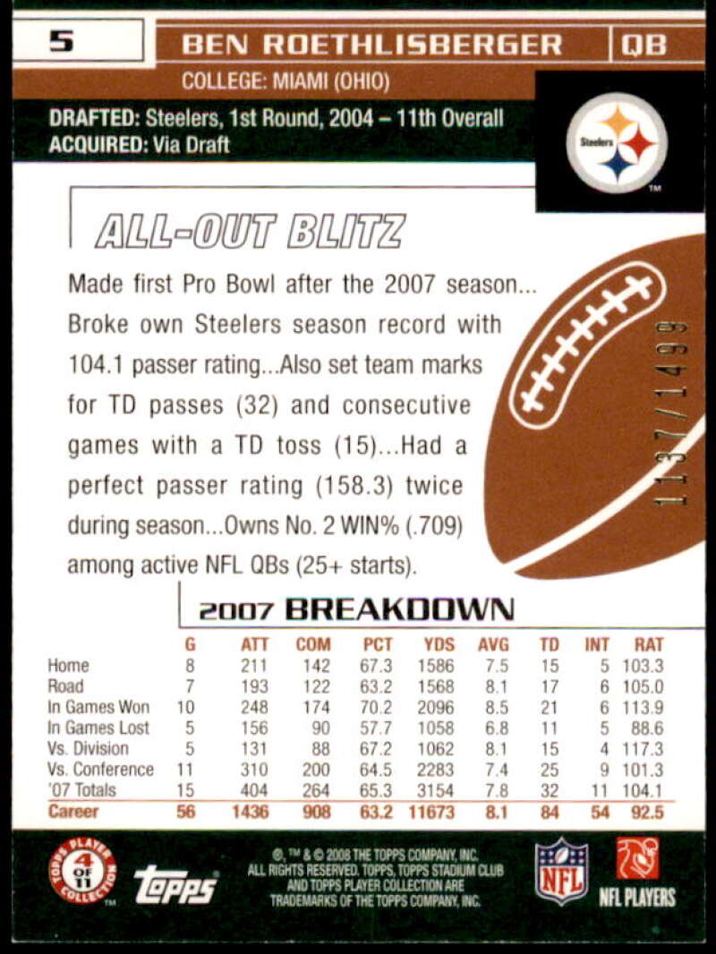 Ben Roethlisberger Card 2008 Stadium Club First Day Issue #5  Image 2