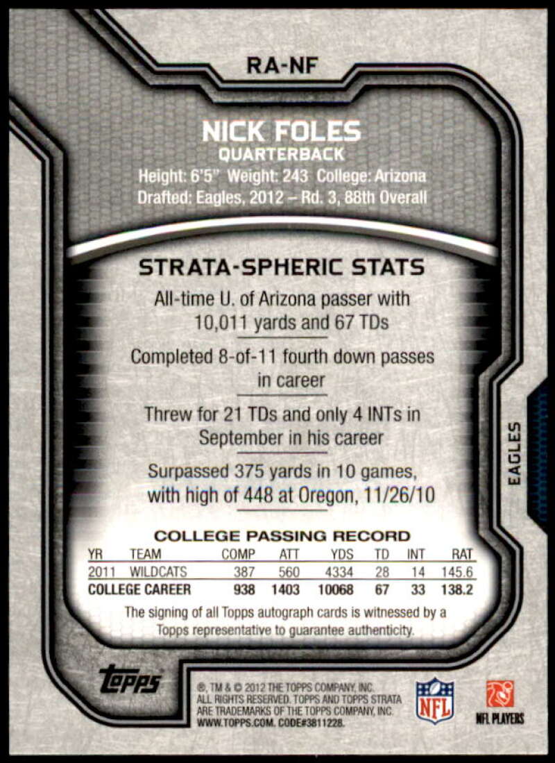 Nick Foles Rookie Card 2012 Topps Strata Rookie Autographs Green #RANF  Image 2