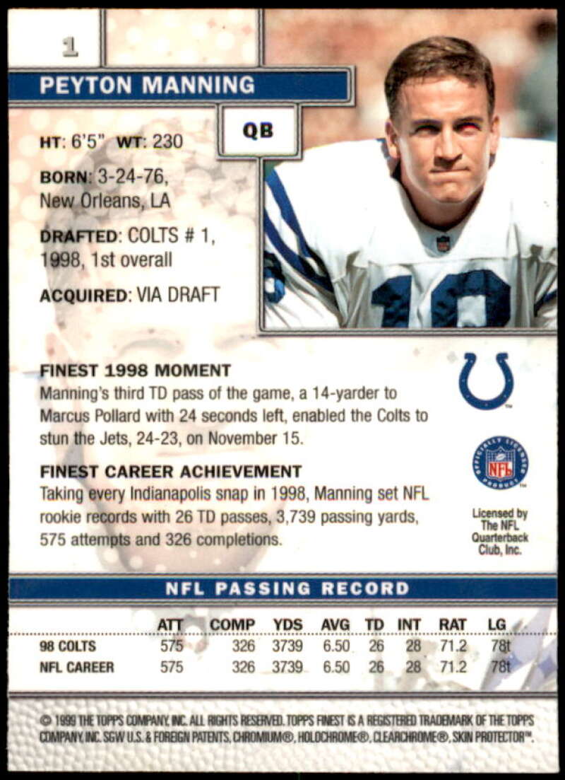 Peyton Manning Card 1999 Finest #1  Image 2