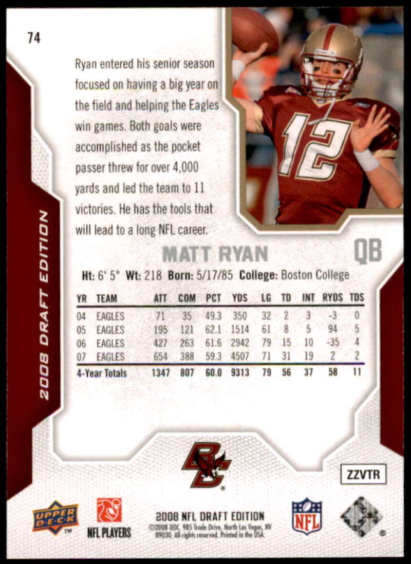 Matt Ryan Rookie Card 2008 Upper Deck Draft Edition #74  Image 2