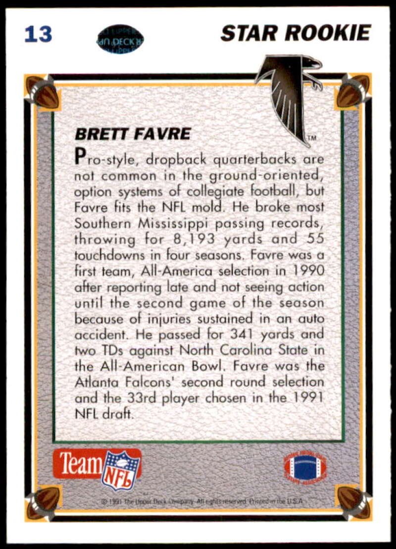 Brett Favre Rookie Card 1991 Upper Deck #13  Image 2