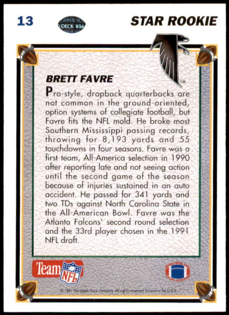 Brett Favre Rookie Card 1991 Upper Deck #13  Image 2