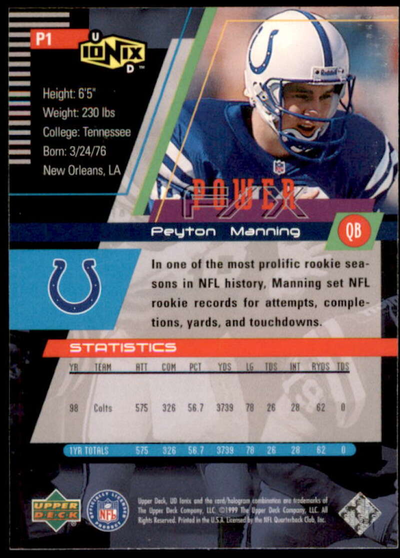 Peyton Manning Card 1999 UD Ionix Power F/X #P1  Image 2