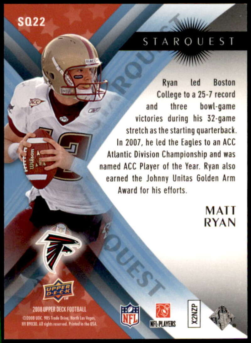 Matt Ryan Rookie Card 2008 Upper Deck First Edition StarQuest #SQ22  Image 2