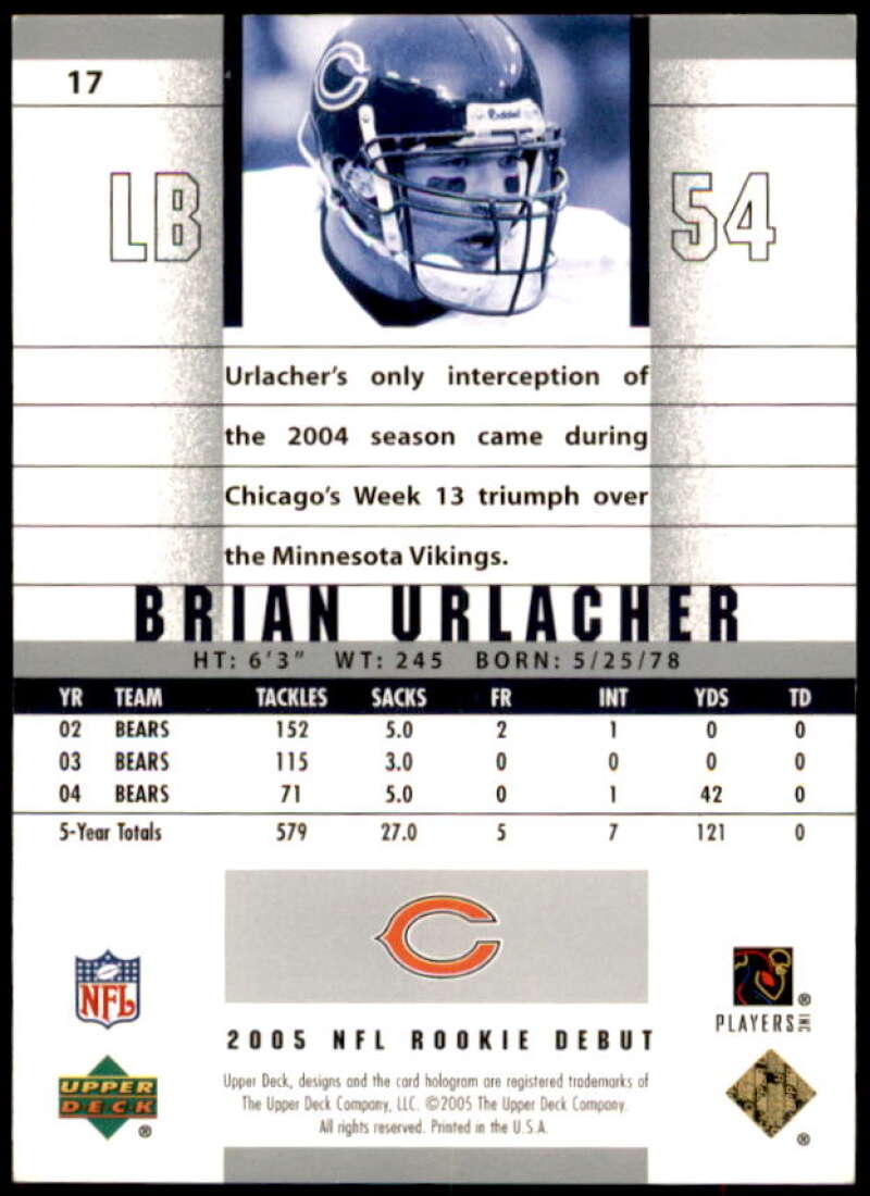 Brian Urlacher Card 2005 Upper Deck Rookie Debut Gold Spectrum #17  Image 2