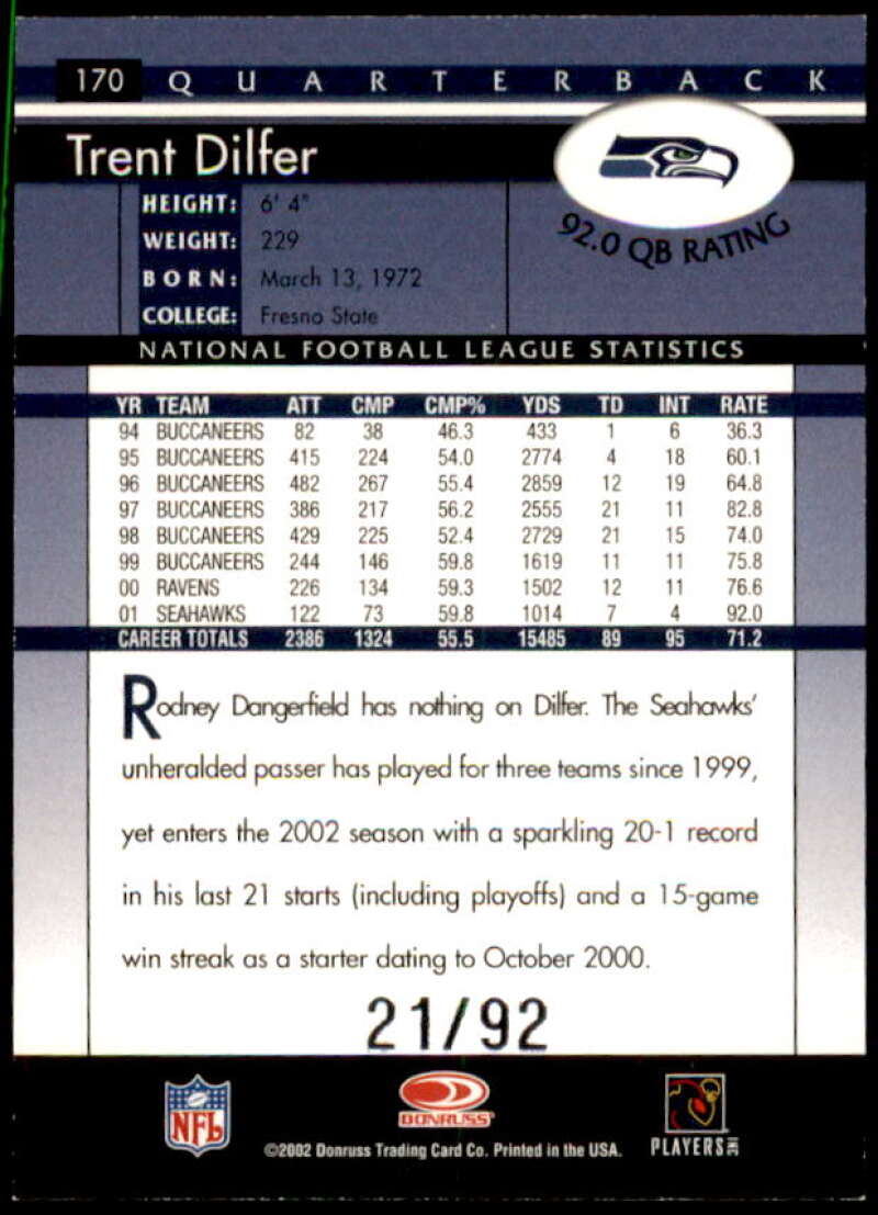 Trent Dilfer Card 2002 Donruss Stat Line Season #170  Image 2