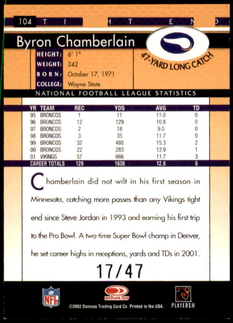 Byron Chamberlain Card 2002 Donruss Stat Line Season #104  Image 2