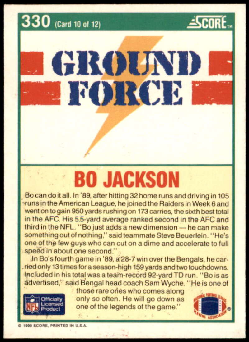 Bo Jackson GF Card 1990 Score #330  Image 2