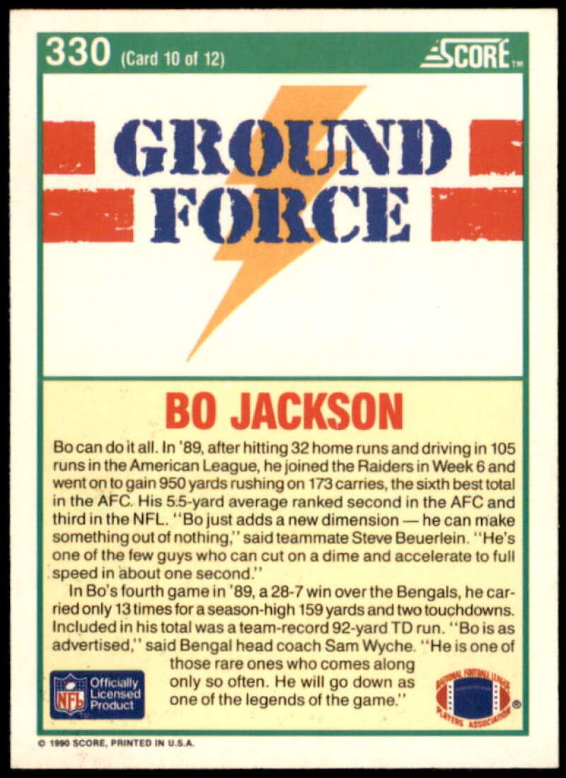 Bo Jackson GF Card 1990 Score #330  Image 2