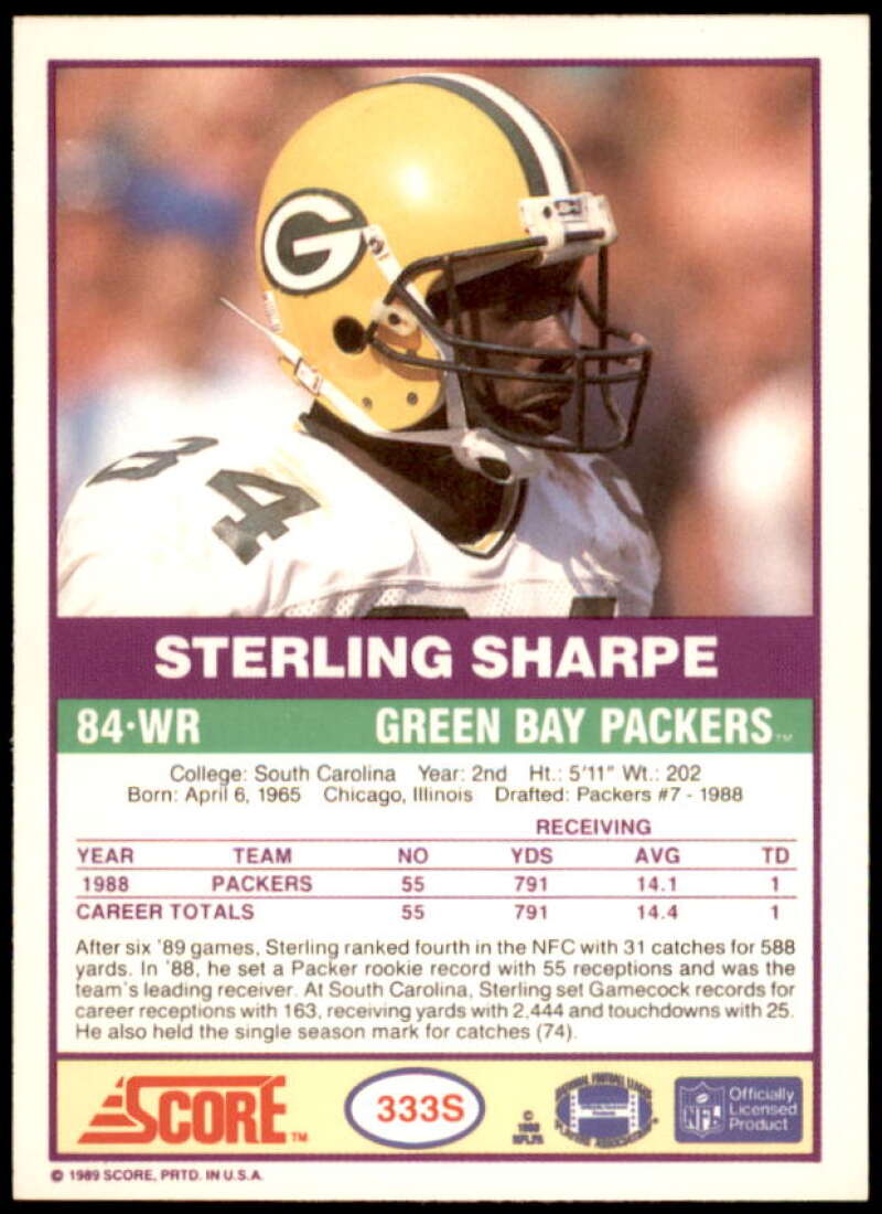 Sterling Sharpe Rookie Card 1989 Score Supplemental #333S  Image 2