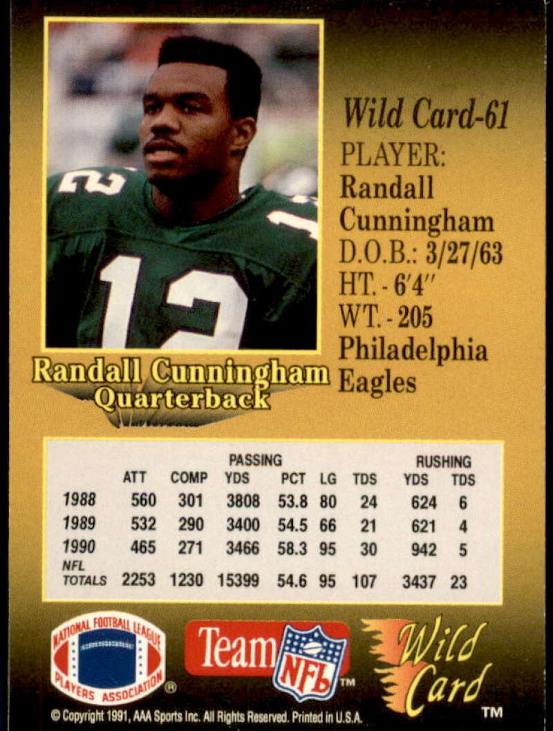 Randall Cunningham Card 1991 Wild Card 5 Stripe #61  Image 2