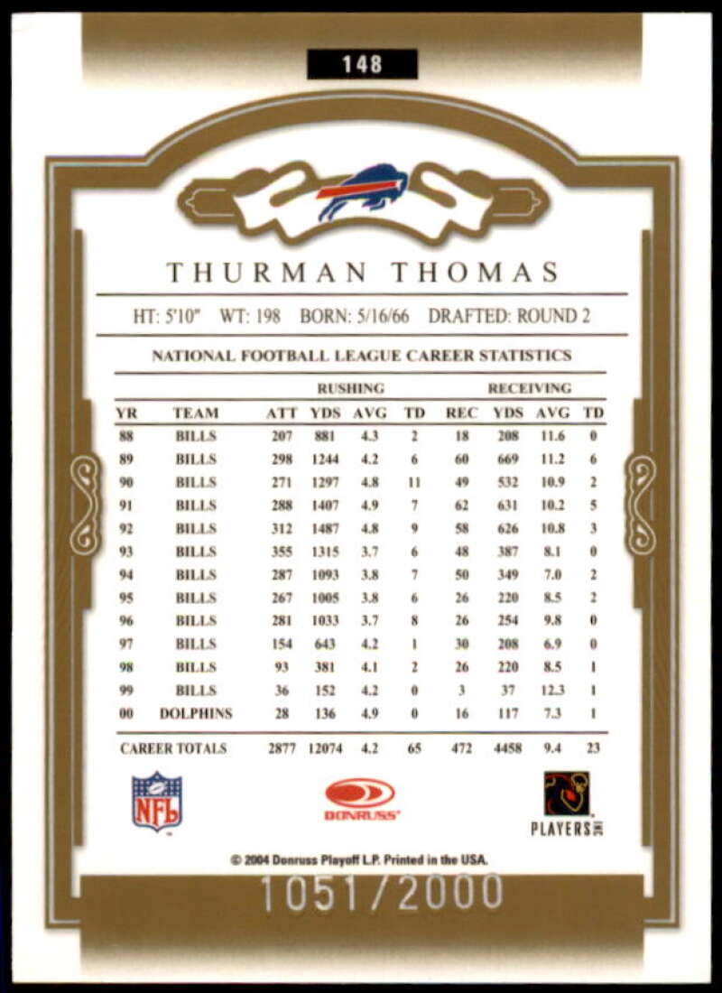 Thurman Thomas Card 2004 Donruss Classics #148  Image 2