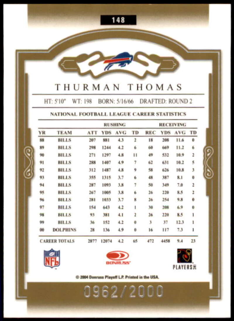 Thurman Thomas Card 2004 Donruss Classics #148  Image 2