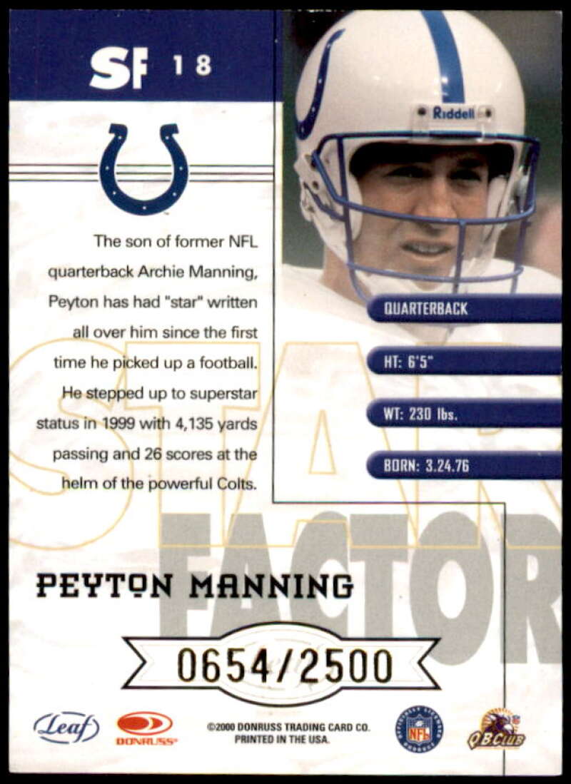 Peyton Manning Card 2000 Quantum Leaf Star Factor #SF18  Image 2