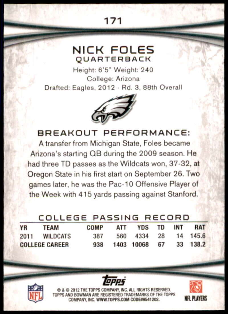 Nick Foles Rookie Card 2012 Bowman #171A  Image 2