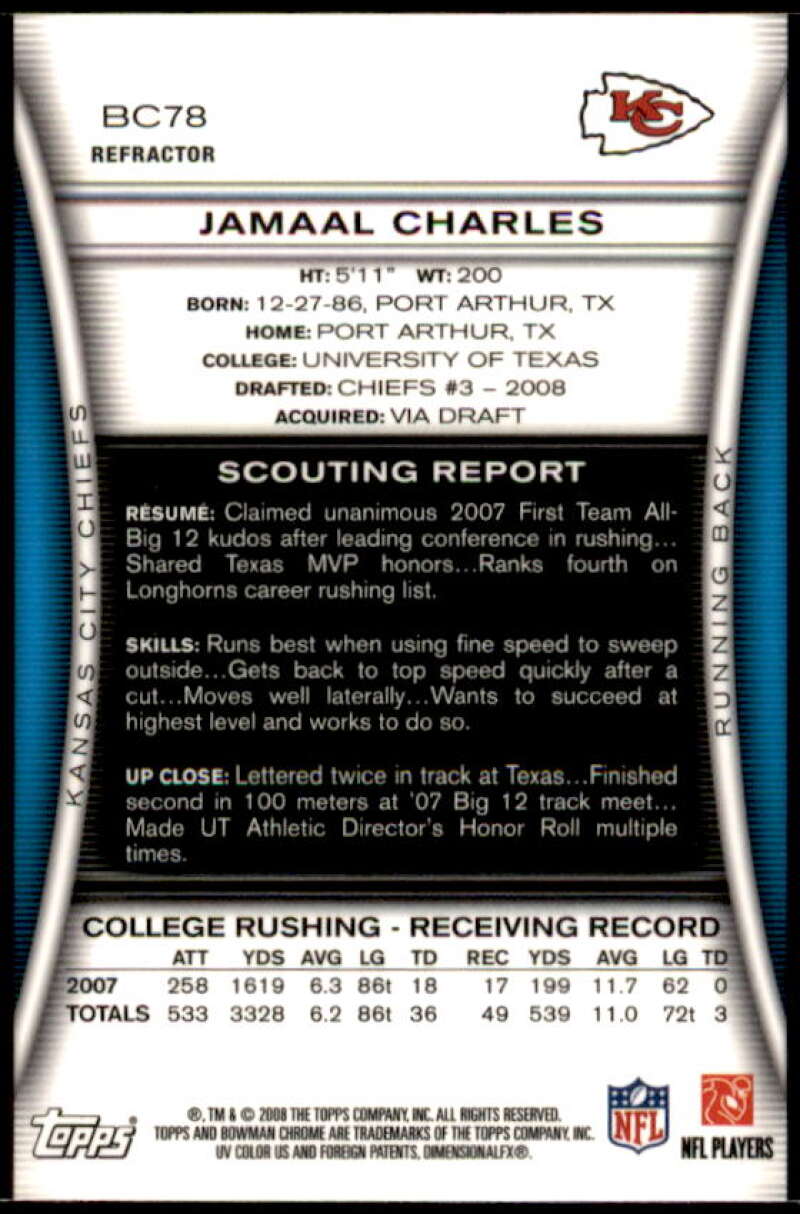 Jamaal Charles Rookie Card 2008 Bowman Chrome Refractors #BC78  Image 2