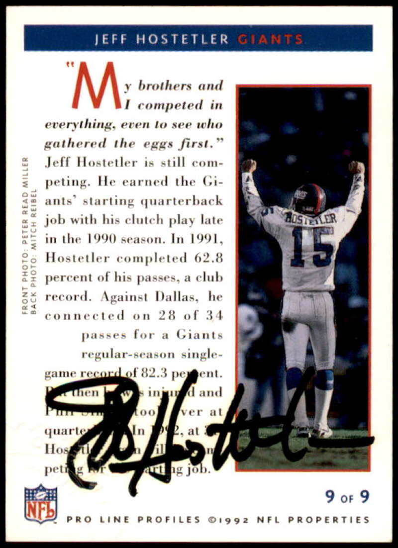 Jeff Hostetler Card 1992 Pro Line Profiles Autographs #279  Image 2