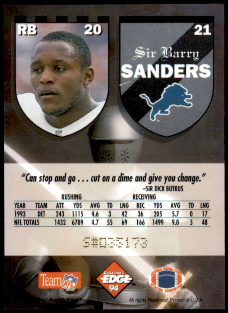 Barry Sanders Card 1994 Excalibur #21  Image 2