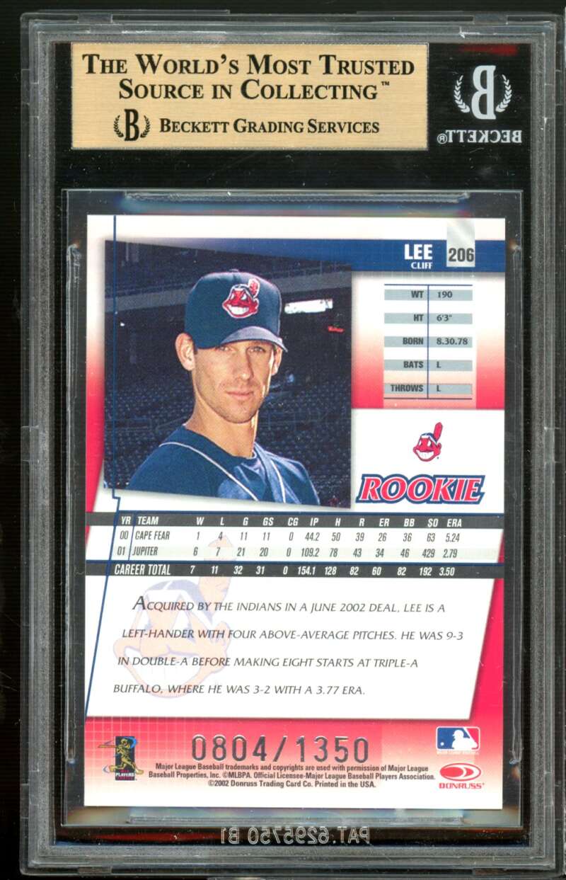 Cliff Lee Rookie 2002 Donruss Best of Fan Club #U206 BGS 9.5 (9.5 9.5 9.5 9) Image 2