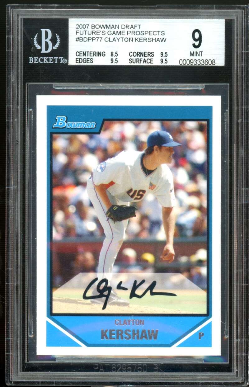 Clayton Kershaw Rookie 2007 Bowman Draft Futures #77 BGS 9 (8.5 9.5 9.5 9.5) Image 1